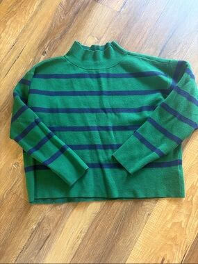 Maeve Anthropologie Green and Navy Striped Turtleneck Sweater